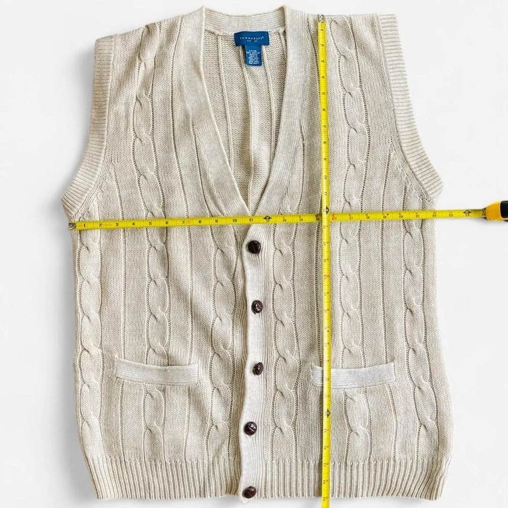 Vintage Men’s Towncraft Cream Tan Cable Knit V-Neck Grandpa Button Sweater Vest